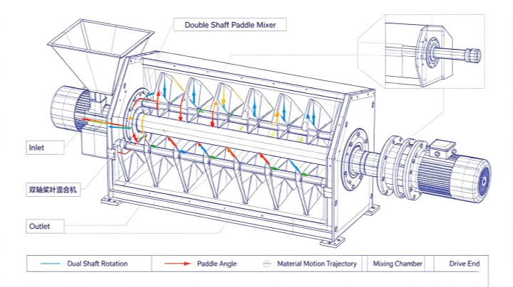 Cross-section diagram of double shaft paddle mixer showing dual shafts and paddle angle for zero-gravity blending