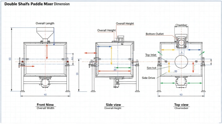 Double shaft paddle mixer dimensions and technical specifications drawing - model TDW-1000 shown