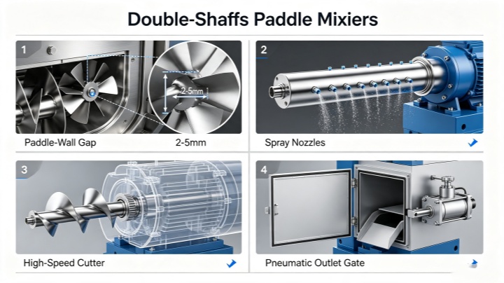 Close-up of paddle-to-wall clearance on double shaft mixer for low residue mixing